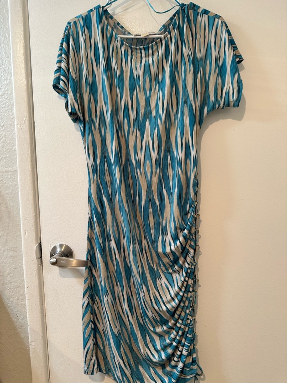 Michael Kors Teal and Cream Ruched Midi Dress